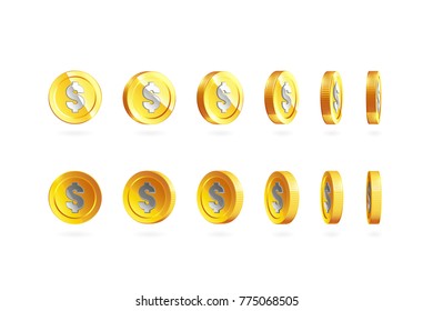 Gold coins set isolated on white in different positions