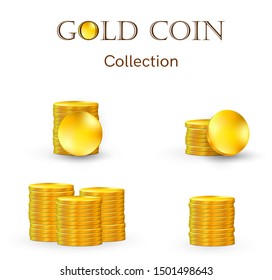 Gold coins set on white isolated background. Stacks of 4 kinds of money.