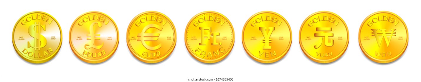 Gold coins signs and symbols of world currencies, dollar, pound, euro, franc, yen, yuan and won EPS10