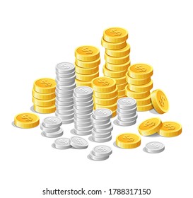 Gold coins and silver coins, money cash finance investment isolated on white background, vector illustration
