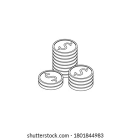 Gold coins stack Black Outline icon vector isometric. Flat style vector illustration.