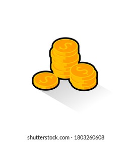 Gold coins stack Black Stroke & Shadow icon vector isometric. Flat style vector illustration.