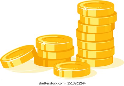 Gold coins stack concept illustration in flat style isolated, treasure of gold wealth with bright sparkles, money gold coins stacks concept of savings and dividends