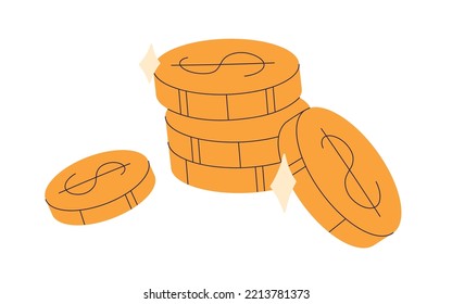 Gold coins stack. Golden metal money, cash. Dollar cents. Financial concept of finance bonus, profit, income, earnings and savings. Flat vector illustration isolated on white background