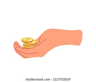 Gold Coins Stack in Hand. Businessman Donation, Begging, Receiving, Giving, Take Money Design Element Isolated on White Background. Palm with Stack of Coins, Concept of Charity. Vector Illustration
