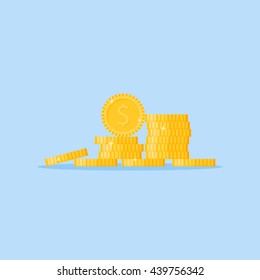 Gold coins stack isolated on blue background. Stacked pile of money. Flat style vector illustration.