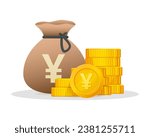 Gold Coins Stack With Japanese Yen Currency Sign. Japan Cash Financial symbol. Modern vector economy illustration.