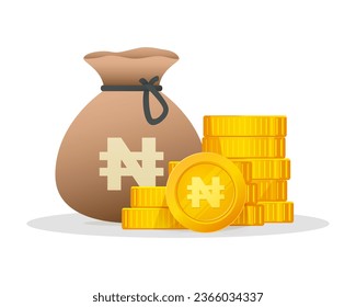 Gold Coins Stack With Nigerian Naira Currency Sign. Nigerian Cash Financial symbol. Modern vector economy illustration.