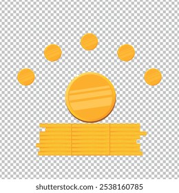 Monedas de oro se apilan sobre fondo transparente. Señalar de monedas de oro en el aire. Ilustración vectorial