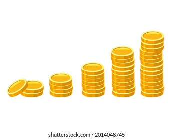 Gold Coins stack. Piles of golden money icon stacked in stacks like income graph financial currencies stocks. Vector cartoon style illustration