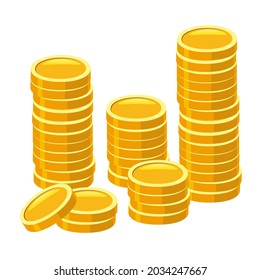 Pila de monedas de oro. Pilas de icono del dinero dorado apiladas en pilas, acciones de monedas financieras. Ilustración de estilo de dibujos animados