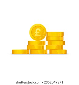 Gold Coins stack with Pound sterling sign. Flat style coins pile. UK Currency symbol. Modern financial vector design isolated on white background.