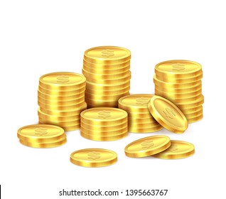 Gold coins stack. Realistic golden dollar coin money pile, stacked cash. Casino bonus, profits and income earnings vector isolated concept