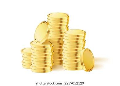 Pila de monedas de oro. Dinero dorado realista. Monedas apiladas. Aplicable a juegos de azar, jackpot o ilustración bancaria o financiera. Ilustración vectorial.