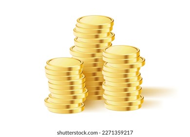 Pila de monedas de oro. Dinero dorado realista. Monedas apiladas. Aplicable a juegos de azar, jackpot o ilustración bancaria o financiera. Ilustración vectorial.