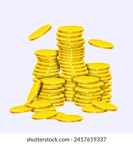 Gold coins stack. Realistic golden dollar coin money pile, stacked cash. Casino bonus, profits and income earnings vector isolated concept.