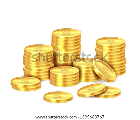 Gold coins stack. Realistic golden dollar coin money pile, stacked cash. Casino bonus, profits and income earnings vector isolated concept