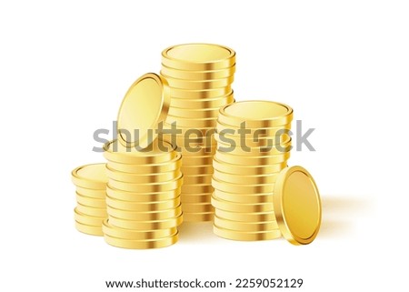 Gold Coins stack. Realistic golden money. Stacked coins. Applicable for gambling games, jackpot or bank or financial illustration. Vector illustration.