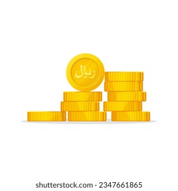 Gold Coins stack with Saudi Riyal sign. Flat style coins pile. Saudi Arabia Currency symbol. Modern financial vector design isolated on white background.