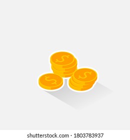 Gold coins stack White Stroke & Shadow icon vector isometric. Flat style vector illustration.