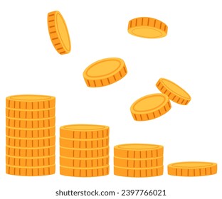 Gold coins stack. Yellow money pile, money currency in stack, gold treasure cash. Benefit in business and fortune savings, capital growth and income, savings and deposits. Vector illustration