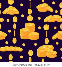 Gold coins stacked in stacks seamless pattern. Shiny metal cash. Money heap. Repeated print. Treasure or wealth savings. Falling golden currency. Financial profit. Economy success. Vector background