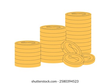 Gold coins stacks. Bonus, wealth, profit, financial growth concept. Money savings, investment, economic value. Golden cents, change, cash. Flat vector illustration isolated on white background