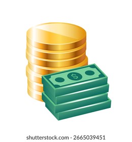 Monedas de oro y pilas con dinero en efectivo. Ilustración vectorial aislada sobre fondo blanco.