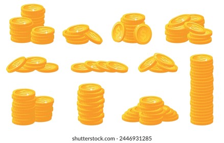 Gold coins stacks. Yellow metal money. Currency profit. Cents heaps and placers. Treasure cash. Finance savings. Banking investment. Financial assets. Game and app