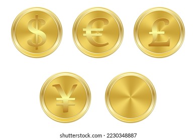 Gold coins with symbol dollar, euro, pound, yen. Vector illustration.	