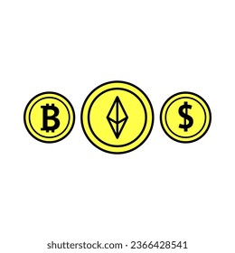 Monedas De Oro Icono De Línea Delgada Fijar Concepto De Criptodivisa. Ilustración vectorial de la moneda de Bitcoin en Internet futuro