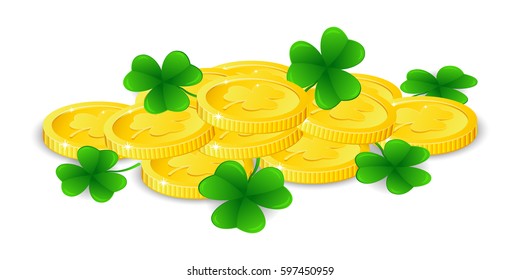 gold coins three leaf clover vector