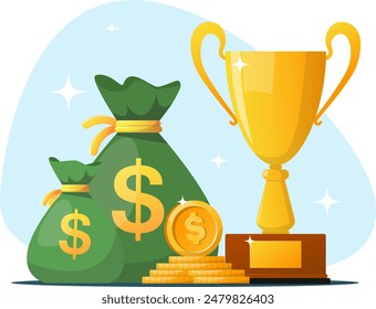 Gold coins and trophy cup, a reward for the winner. Stock vector illustration