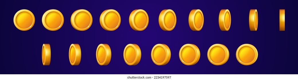 Gold coins turn around animation set. Game, casino icons of money, award, treasure. Sprite sheet with golden coins rotate isolated on background, vector cartoon illustration