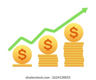 Gold coins, upward chart with a green arrow. Business chart with the dollar. Financial profit and revenue growth. Business success. EPS 10 vector illustrations