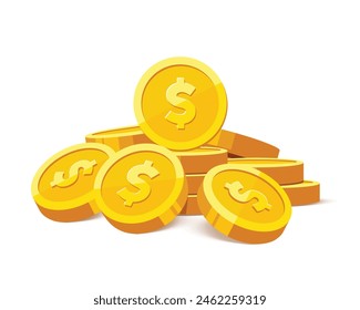 Gold coins with us dollar currency sign vector illustration isolated on white background. Money heap coin pile. Business and finance concept design element.