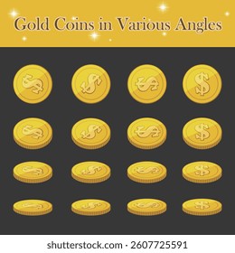 Gold Coins in Various Angles - Currency, Money, Finance, Wealth, Banking, 3D Rotation, Investment, Economy, Savings, Digital Asset