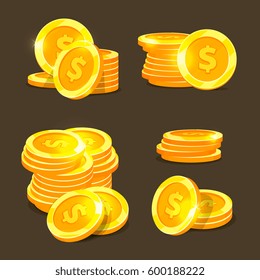 Gold coins vector icons, golden coins stacks and heaps