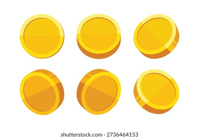 Moedas de ouro conjunto de ilustração vetorial mostrado em múltiplos ângulos e perspectivas, isolado em um fundo branco. Esta coleção representa dinheiro, finanças, riqueza, poupança, investimento e conceitos de moeda digital. Adequado para uso em apresentações financeiras, gráficos de negócios, aplicativos móveis, infográficos, ativos de jogos e materiais de marketing.