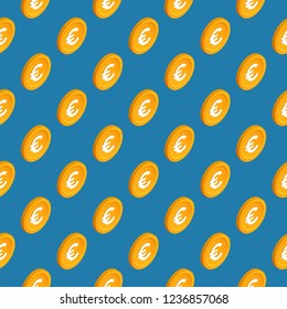 Gold coins vector seamless pattern. Isometric golden euro chips on blue background.
