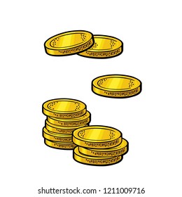 Gold coins. Vintage color vector engraving illustration. Isolated on white background.