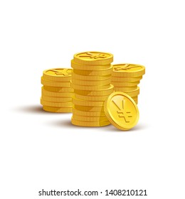 Gold coins with yen sign flat vector illustration. Savings, investment symbol. Currency of Japan, JPY, foreign money. Financial growth concept. Stack of golden coins isolated on white background