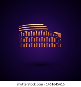 Gold Coliseum in Rome, Italy icon isolated on dark blue background. Colosseum sign. Symbol of Ancient Rome, gladiator fights.  Vector Illustration