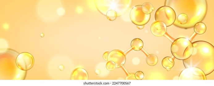 Gold collagen background, 3D peptide molecule wallpaper, oil lab jojoba cosmetic science banner. Yellow liquid bubble, vector skin care vitamin medical poster. Gold collagen beauty chemistry backdrop