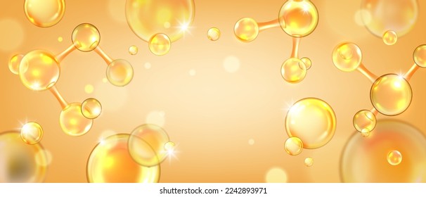 Fondo de colágeno dorado, fondo de molécula péptida, banner de ciencia cosmética de laboratorio de aceite de jojoba 3D. Afiche médico de vitamina para cuidado de la piel vectora, burbuja líquida amarilla. Fondo de la química de la belleza del colágeno dorado