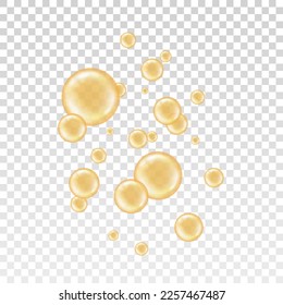 Gold collagen isolated on transparent background. Glass circle shape. Realistic oil bubbles orange color. Set round sphere vitamin. Abstract bead for design print. Collection orb. Vector illustration