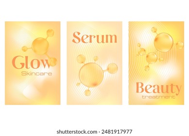 Gold collagen molecule peptide or hyaluronic acid poster set. Vitamin solution complex with Chemical formula from nature. Yellow watercolor gradient background for beauty treatment