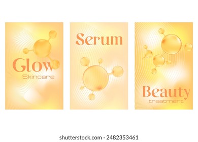 Gold collagen molecule peptide or hyaluronic acid poster set. Vitamin solution complex with Chemical formula from nature. Yellow watercolor gradient background for beauty treatment