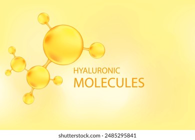 Goldkollagenmolekül-Peptid oder Hyaluronsäure. Vitaminlösungskomplex mit chemischer Formel aus der Natur. Gelber Aquarellgradientenhintergrund für Schönheitsbehandlung, Ernährung und Hautpflege