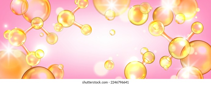 Gold collagen peptide background, 3D molecule background, jojoba oil lab cosmetic science banner. Vector skin care vitamin medical poster, yellow liquid bubble. Gold collagen beauty chemistry backdrop